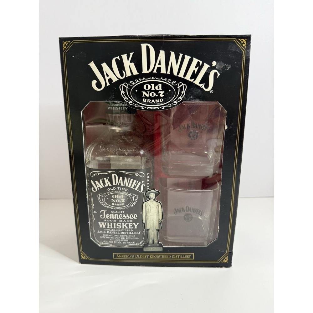 EMPTY Jack Daniels 70 ml Whiskey Old No. 7 Bottle & 2 Whiskey Glasse Gift Set